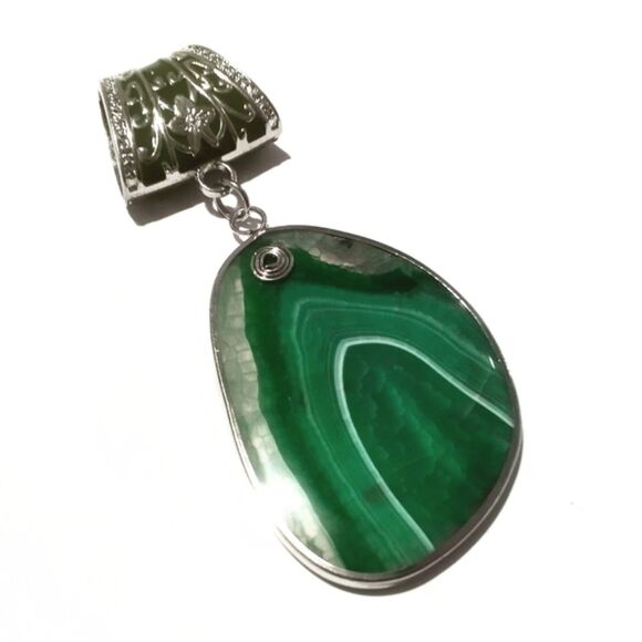 Vintage Malachite Slab and Enamel Large Slide Pendant or Scarf Slide - Picture 2 of 5